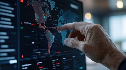A hand points to a world map on a digital screen, analyzing global data trends in a dimly lit workspace, showcasing a tech-forward environment.