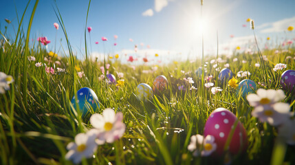 Easter Eggs Hidden in a Vibrant Spring Meadow