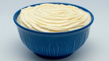 A Delicate Whipped Cream Displayed in a Vibrant Blue Bowl