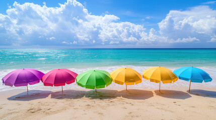 Vibrant Beach Scene with Colorful Umbrellas
