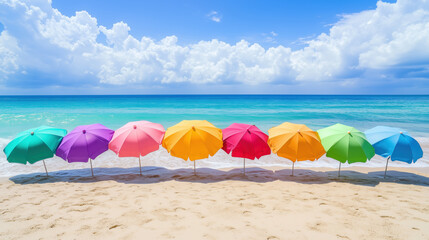 Vibrant Beach Scene with Colorful Umbrellas under a Sunny Sky