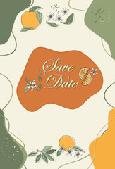 'Save the date ' sage green -rust orange framework wedding card template with handdrawing tangerine design  . free copy space