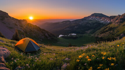 Majestic Mountain Sunset with Camping Tent - A Breathtaking Nature Escape