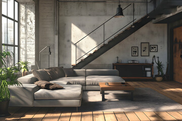 Modern industrial living room with concrete walls, wood floors, natural light and comfortable sofa, creating an inviting and stylish atmosphere