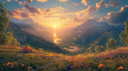 Majestic Mountain Sunset View with Flowers and Camping