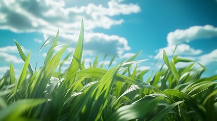Obraz premium Vibrant green grass blades under a bright blue sky with fluffy white clouds.