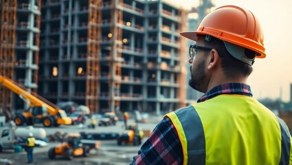 Fototapeta premium Construction engineer overseeing building progress at a site with heavy machinery.