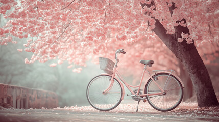 Pastel Pink Bicycle Under Cherry Blossom Trees - A Springtime Dream