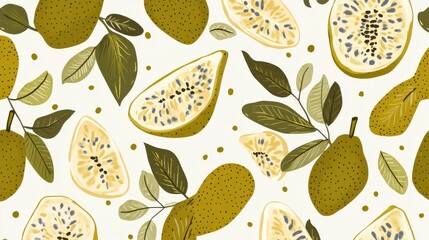 Vibrant Green and Yellow Fruit Pattern with Leaves - A Fresh and Organic Design