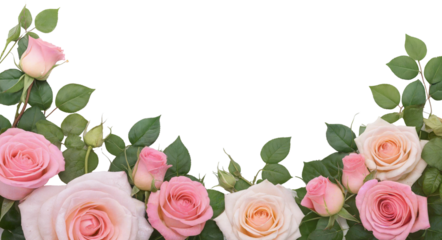 A frame of rose flowers with leaves on a transparent background with space for text, greeting card