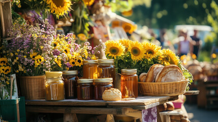 Honey, Bread, and Flowers at a Vibrant Summer Market