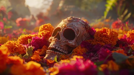 Ornate skull rests amidst vibrant marigolds and flowers, a Day of the Dead offering.