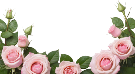 A frame of rose flowers with leaves on a transparent background with space for text, greeting card