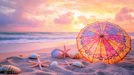 Serene Sunset Beach Scene with Colorful Umbrella and Seashells