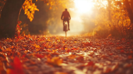 Autumnal Path with Cyclist: Golden Hour in the Forest