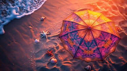 Beach Sunset with a Vibrant Patterned Umbrella