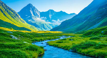 Fototapeta premium Breathtaking Mountain Scenery with Stream Flowing Through Lush Forest