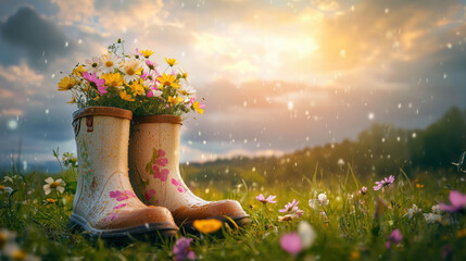 A Delicate Bouquet of Flowers in Rain Boots on a Lush Meadow