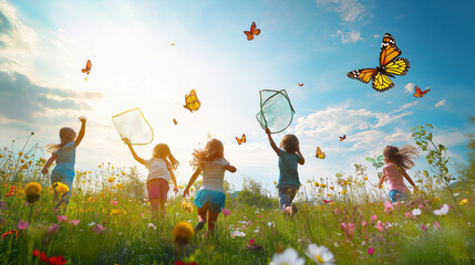 Children Playing in a Flower Field, Chasing Butterflies
