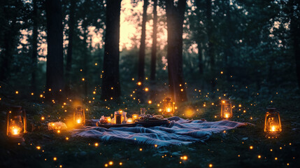 Enchanted Forest Picnic Under the Glowing Night Sky