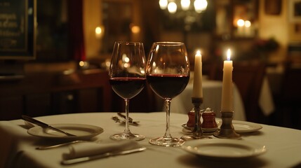 Romantic candlelit dinner with wine in an elegant restaurant