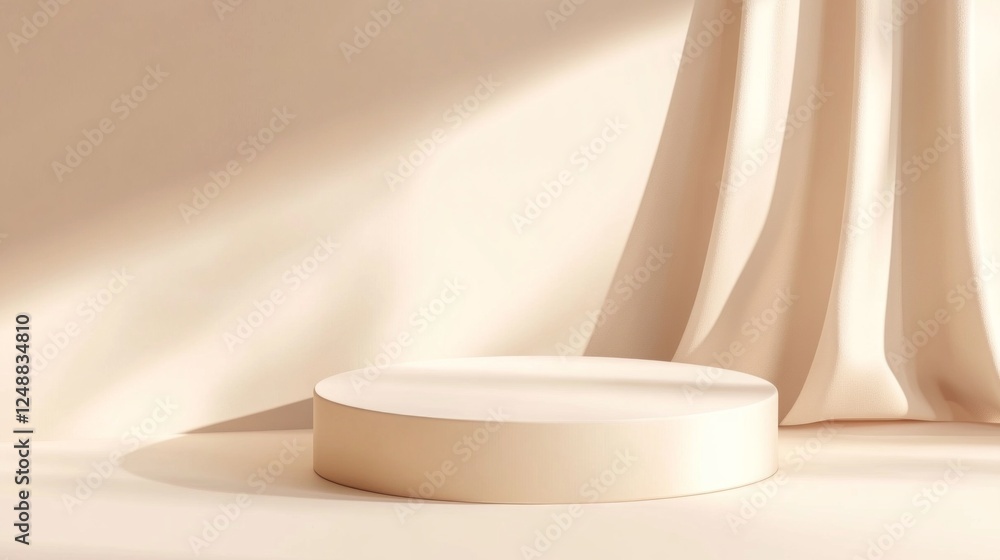 Aufkleber Soft shadows and gentle lighting create an inviting atmosphere for product display on a round platform. Ideal for showcasing beauty products in digital marketing and advertising