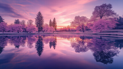 Serene Pink Sunrise over a Calm Pond with Reflections of Blossoming Trees