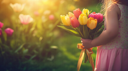 A Child Holds a Bouquet of Colorful Tulips in a Spring Garden