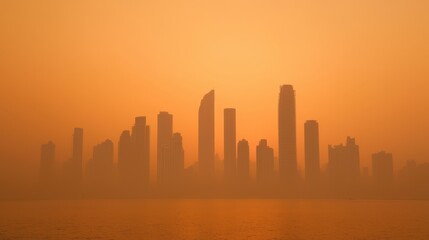 Obraz premium A hazy skyline at sunset, with silhouettes of skyscrapers against an orange backdrop, creating a serene yet mysterious urban atmosphere.