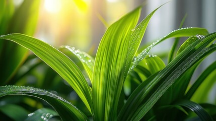 Obraz premium Dewy Pandanus leaves backlit by sunrise indoors