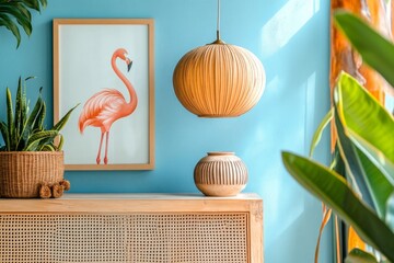 Flamingo art, plants, lamp, sideboard, sunlit room, interior design