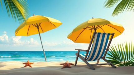 Idyllic Beach Scene With Yellow Umbrellas And Deck Chair