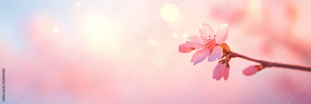 Poster blooming pink flowers on a tree branch are bathed in the warm glow of the setting sun, creating a se
