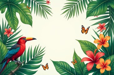 Obraz premium Watercolor illustration of a tropical background with leaves, flowers and birds, with an empty space for text. It is ideal for invitations, corporate identity creation or decoration. Tropical frame.