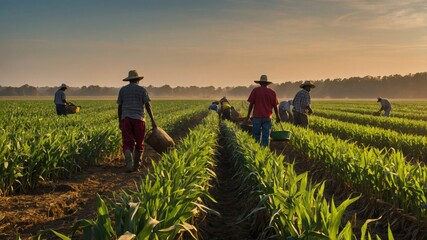 Fototapeta premium Farmers working in a cornfield at sunrise, harvesting crops in the golden light.