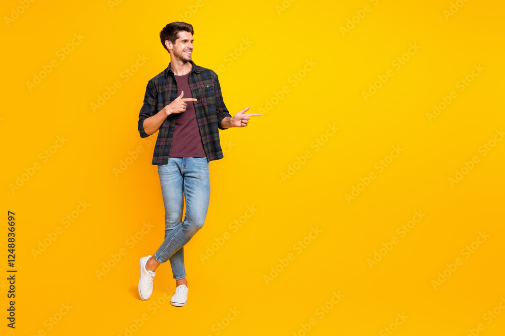 Poster copyspace full length body size photo of cheerful charming cute guy wearing denim showing with his f