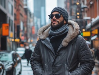 Man in black jacket and gray hat on downtown street fashion photography