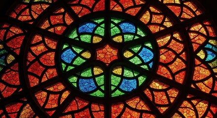 Vibrant Stained Glass Window Design with Intricate Patterns for Church Decoration and Architecture Art Showcasing Religious Symbolism