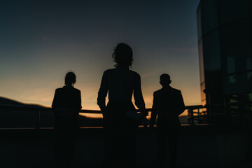 Obraz premium Business people are silhouetted against a sunset skyline on a rooftop, conveying a sense of ambition and determination. The serene background adds a touch of tranquility to the scene.