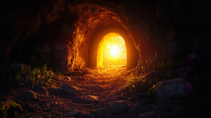 'An ancient tunnel leads into a dark cave, the inside illuminated by a single glowing light.'