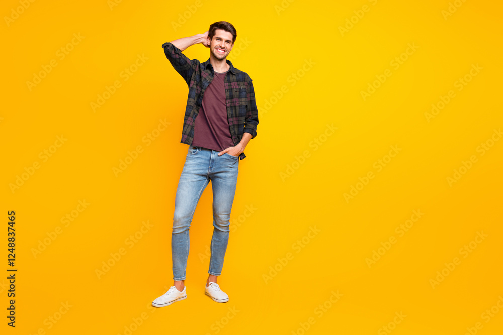 Poster full length body size photo of cheerful handsome man standing confidently in front of camera while o