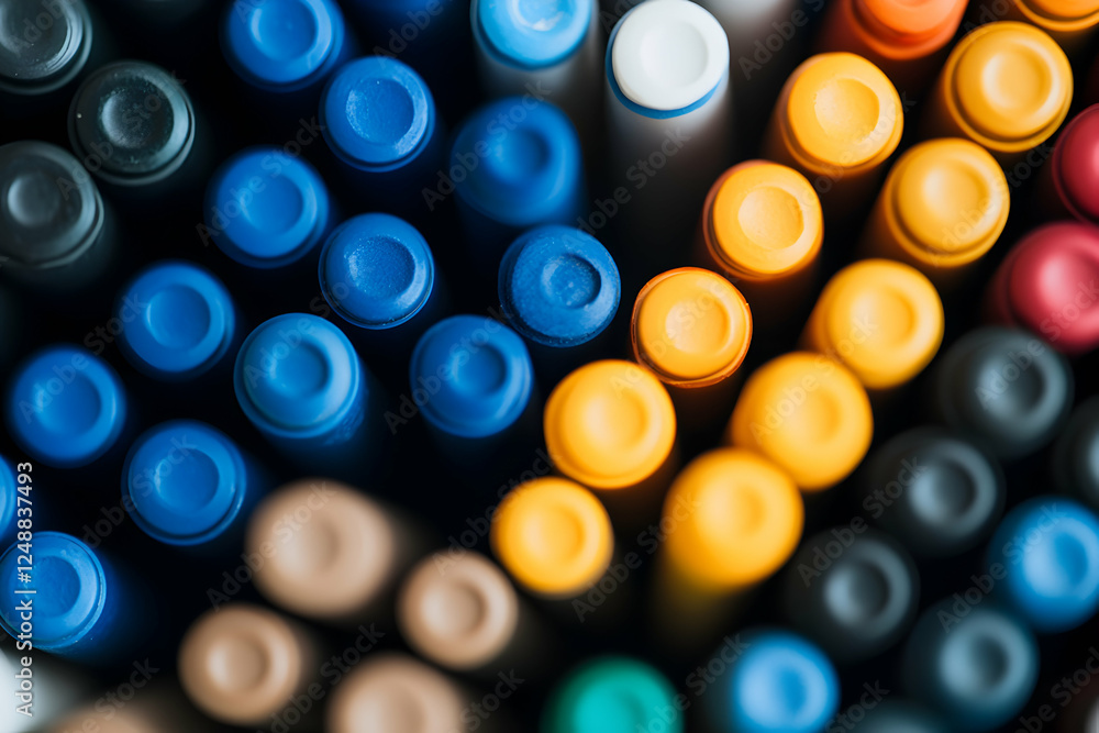 Poster abstract array of colorful marker caps, creating a vibrant mosaic of design elements and presenting 