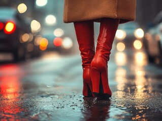 Woman in red boots walking down a street in urban environment showcasing downtown street fashion