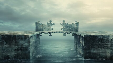 A bridge made of puzzle pieces connecting two financial graphs, symbolizing a strong business strategy