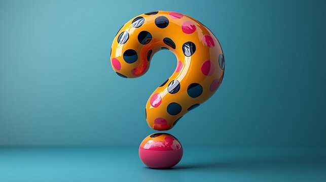 A vibrant and playful question mark sculpture stands elegantly against a solid blue background, showcasing colorful polka dots. Ideal for conveying curiosity and creativity. - Powered by Adobe