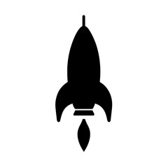 Minimalist black silhouette of a rocket with fins and flame on white background
