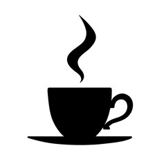 Minimalist black silhouette of a coffee cup with steam on white background