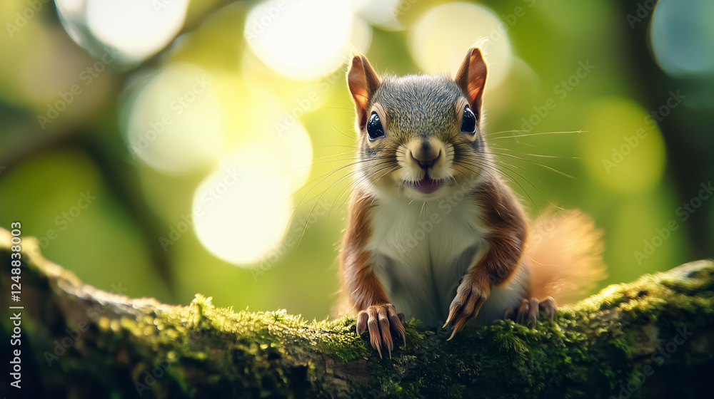 Aufkleber a curious red squirrel gazes from a mossy tree branch amidst a dense forest. the sunlight filters th