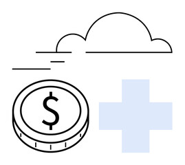 Dollar coin, healthcare cross, and cloud symbol in flat minimal design. Ideal for financial planning, health insurance, digital transformation, cloud data, fintech, business innovation abstract line
