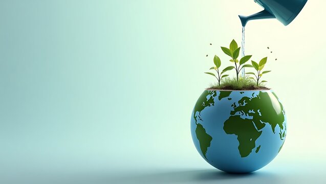 Watering Can Sprouting Green Plants from Earth Globe on Gradient Background for World Water Day